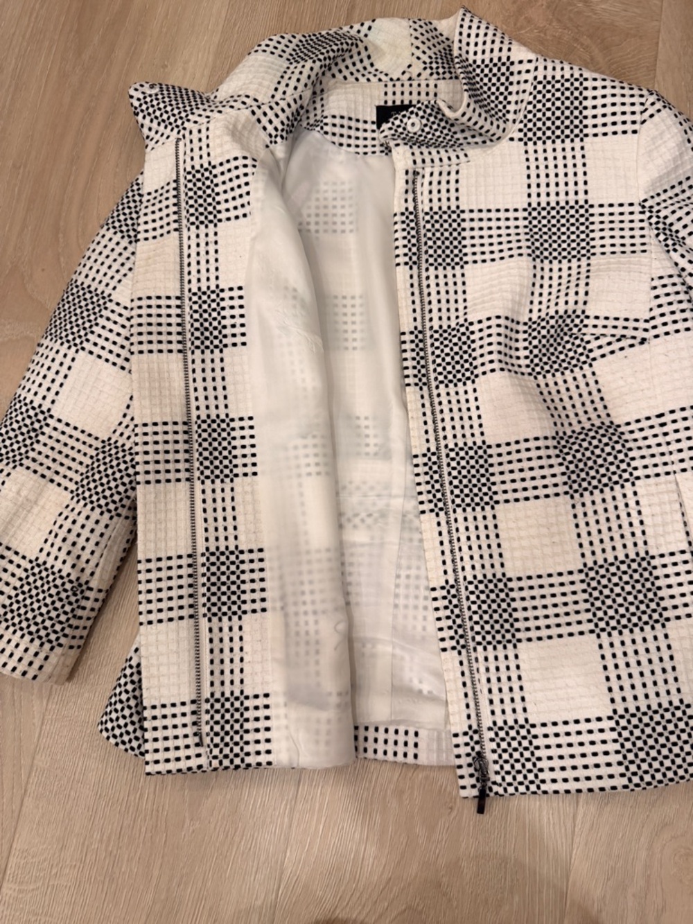 Talbot's Women's Jacket White Black Geometric Plaid Full Zip Turtleneck Lined - Picture 2 of 3
